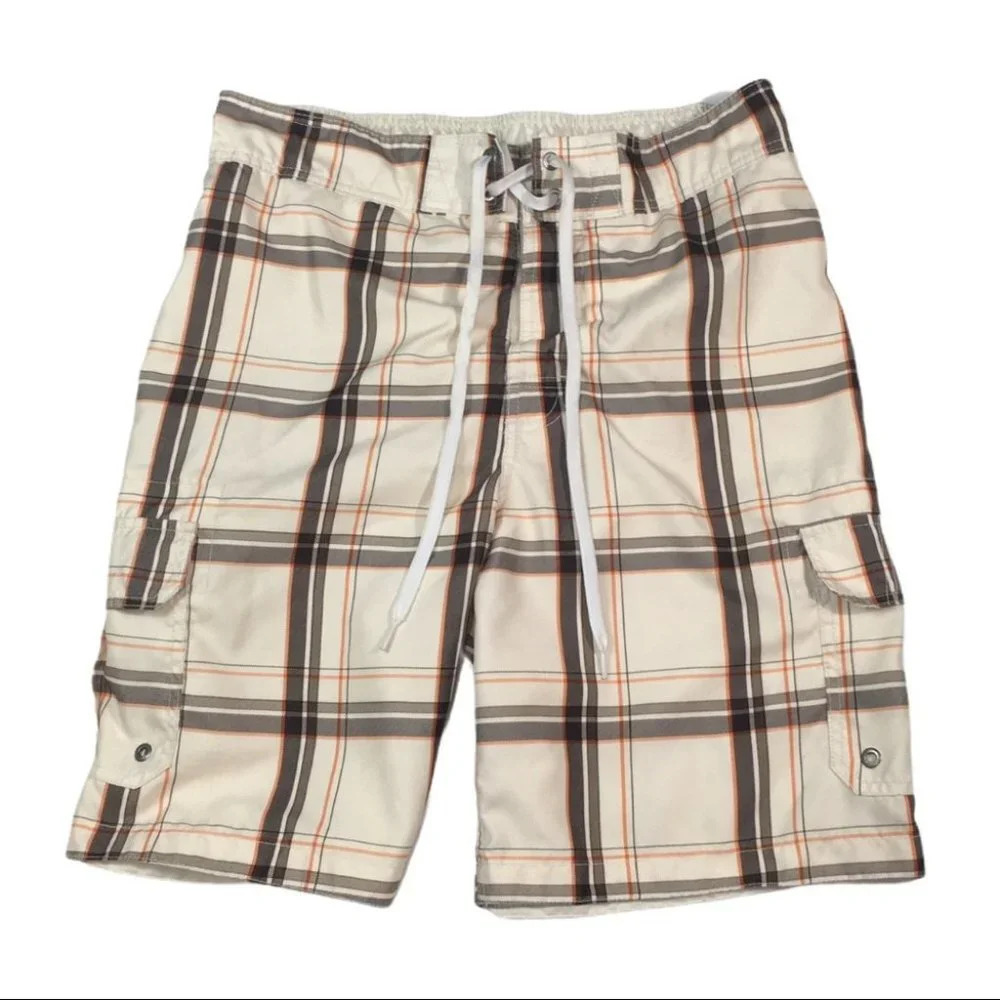SH64 Merona Plaid Cargo Beach Swim Trunks L